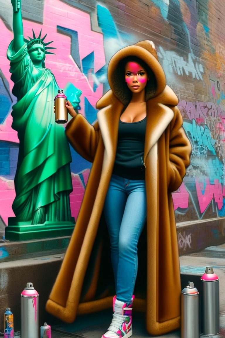 (+18) ,
a spraycan in a fur coat electricboogaloostyle, 
Halle berry face, 
solo Sexy Lady liberty,
Sexy open front shirt,
((Cleavage)) ,
full body, 
Micro tiny skirt,
hood, 
coat, 
sneakers, 
hood up, 
wall, 
(Statue of liberty) graffiti wall painting,
hooded coat, 
spray can ,

Focus on The statue of liberty,

more detail XL,booth,