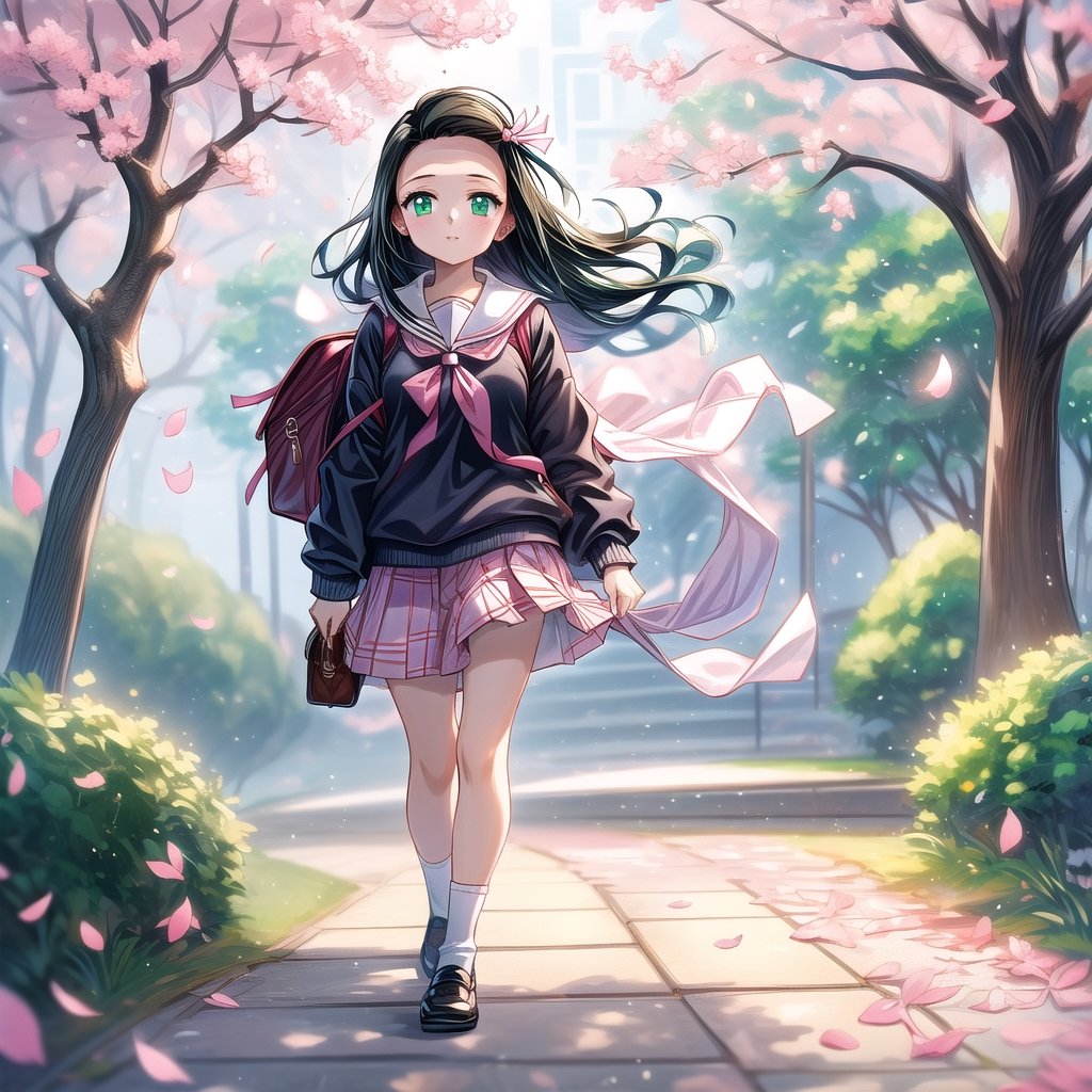 masterpiece,high detailed,1girl,4k,nezuko wearing sailor uniform,holding her school bag, walking foot path,sakura tree,pink leaves falling,green light,traffic moving,zebra crossing,front top view