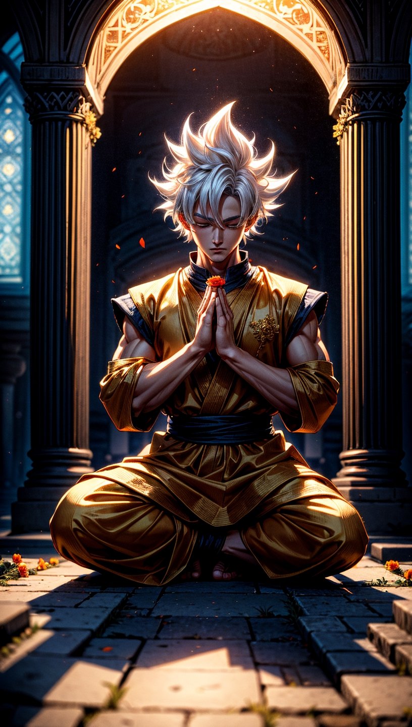 masterpiece, high quality, detailed lighting,  son goku is in a Muslim cemetery, he is closing his eyes, making a prayer gesture, bring flower, son goku, muslim clothes, white hair