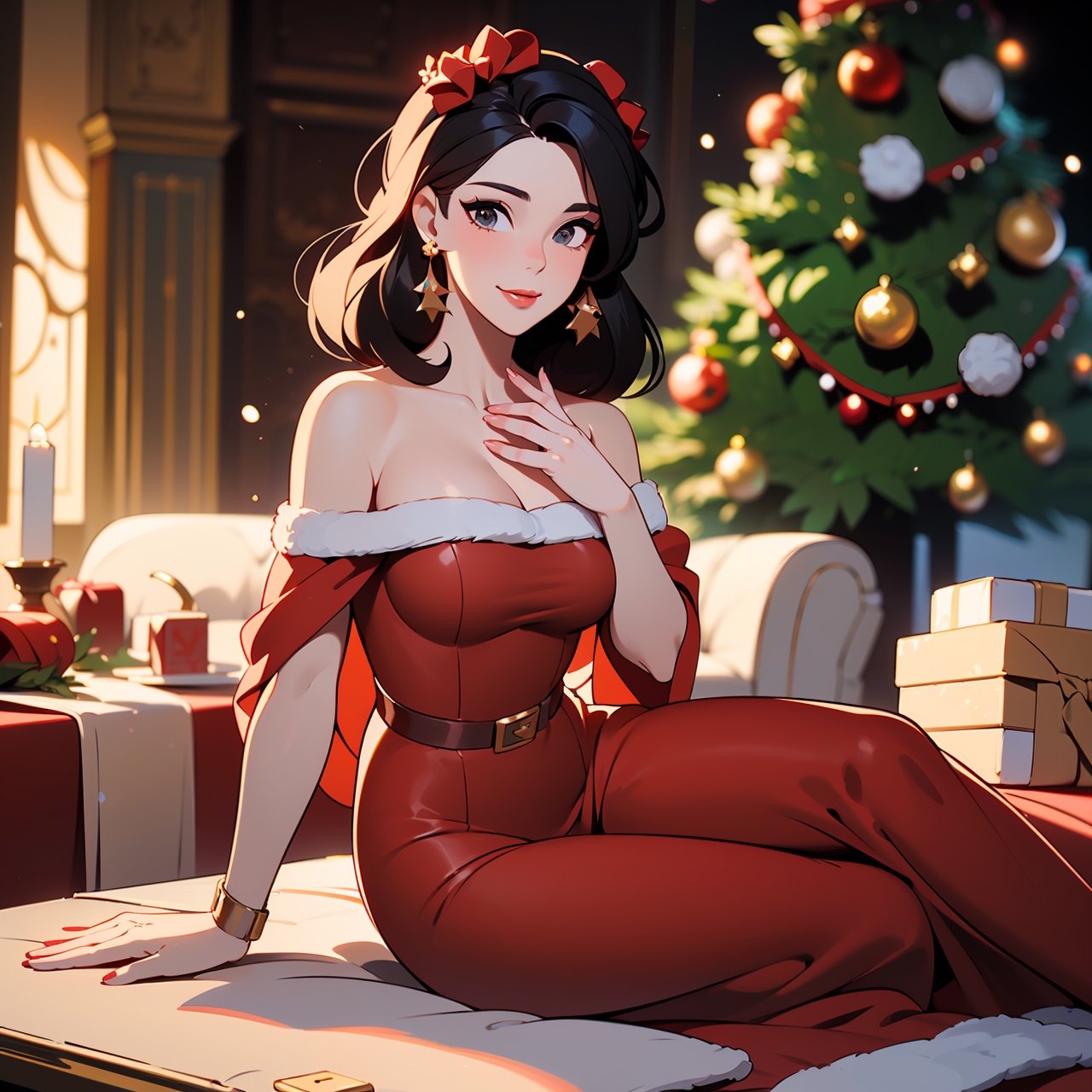 (best quality, masterpiece), 1girl, looking at viewer, blurry background, 1 girl,Santa dress,Christmas scene,

(8k quality), (Best quality), (Ultra HD), (Perfect character anatomy), (perfect lighting), (8k full body photo), (Perfect details), (Perfect character details), (Details of the perfect setting), (Masterpiece), (Symmetry of the perfect character's face),(Construction of the body of the delicate woman character), ((full body shot)), Beautiful Mrs. Claus, Wearing Beautiful ((Sexy red one-piece Dress)), hourglass figure, sexy pose, seductive, Sitting Near Christmas tree and candy table,