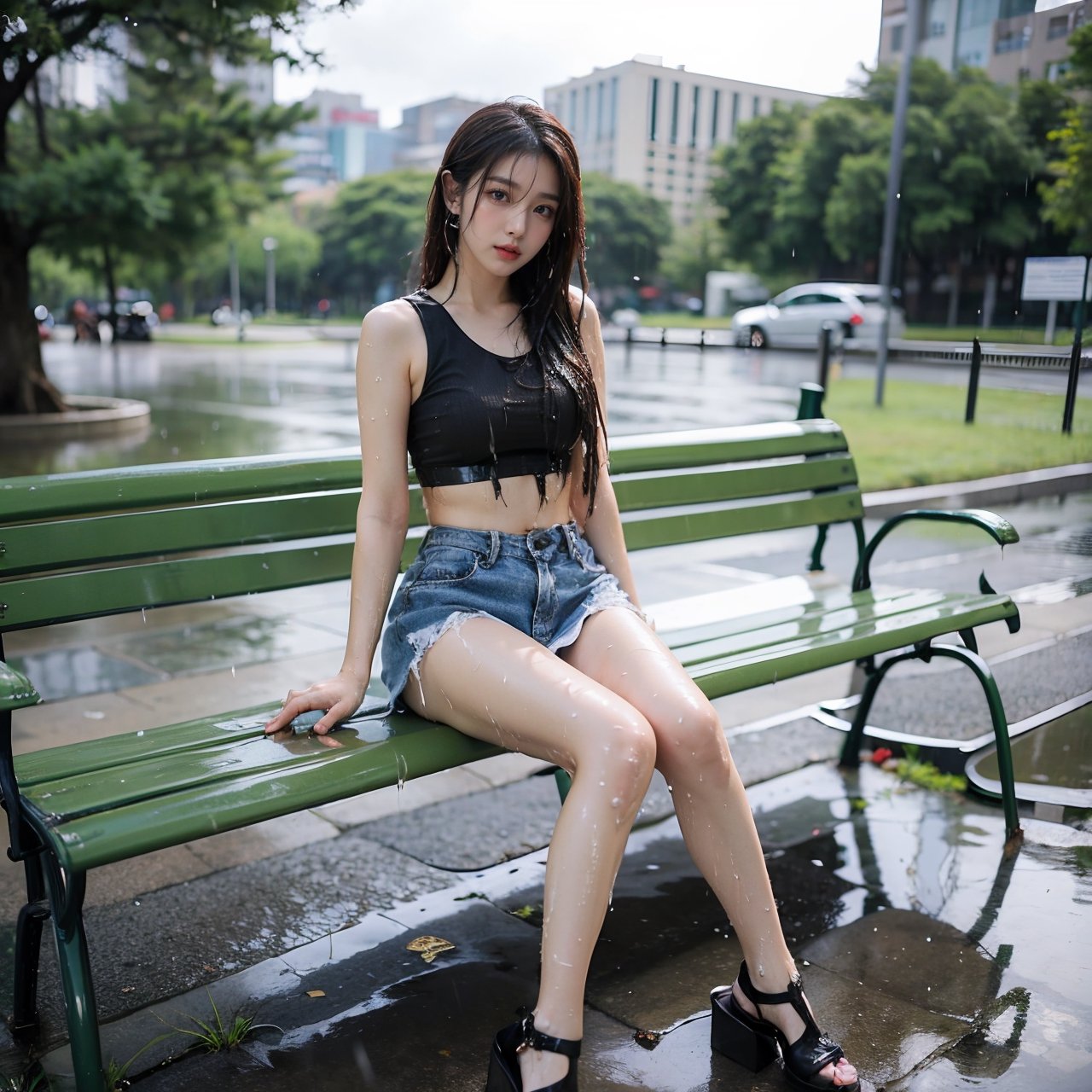 Young_american_women, ((wet_clothing)), (wearing crop top and mini skirt) hourglass_figure, sexy, seductive_pose, sultry, full_body, standing in the rain park, perfect lighting, ((sitting_down on a bench))