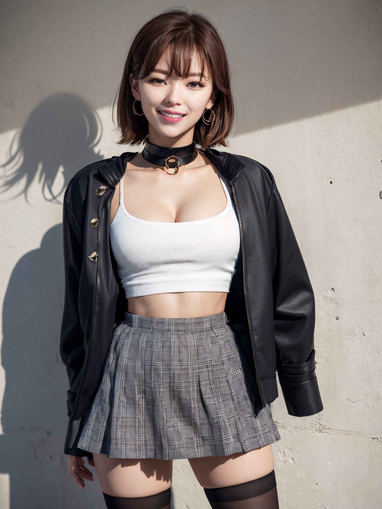 Jeongyeon, hands behind back, plaid skirt, midriff,  choker, cleavage,  jacket,  no bra,  thighhighs, hands behind back, smile,  mature female, 1girl,  solo,  looking at viewer,  photo,  realistic,  shadows,  high_res,  detailed_background,  high key lighting,  vignetting,
