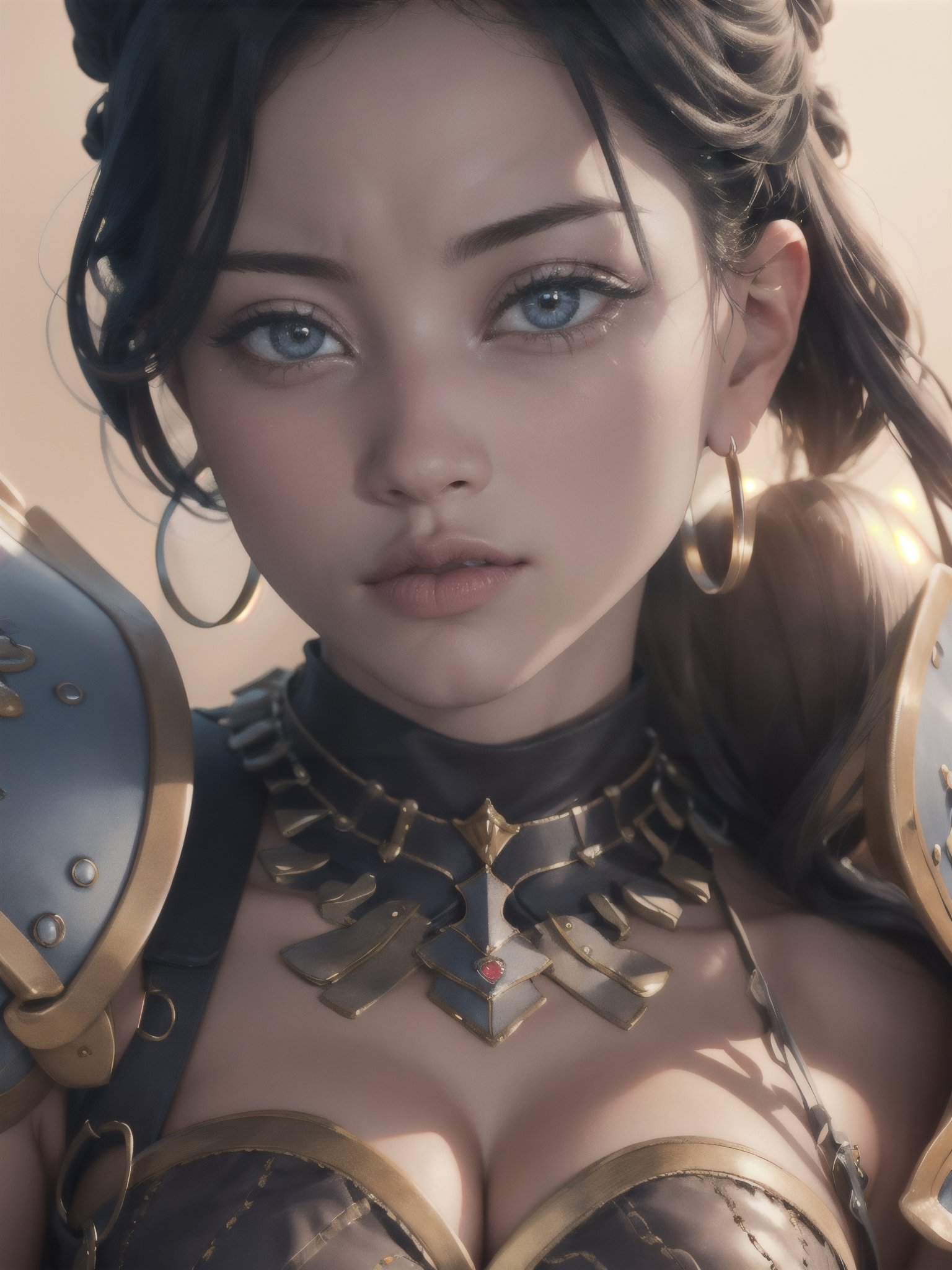 Jihyo, fantasy, rpg, warrior, queen, frown, portrait, close-up, upper body, 1girl,  solo,  looking at viewer,  photo,  realistic,  shadows,  high_res,  detailed_background,  high key lighting,  vignetting,