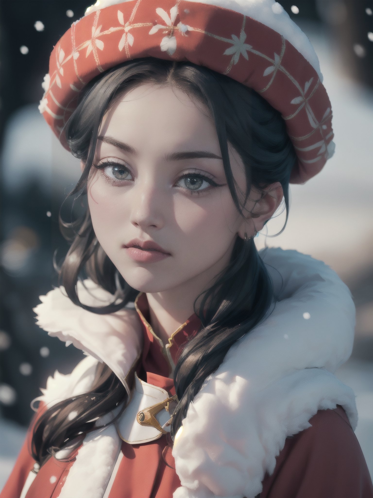 Jihyo, fantasy, rpg, warrior, queen, frown, ushanka, snow, portrait, close-up, upper body, 1girl,  solo,  looking at viewer,  photo,  realistic,  shadows,  high_res,  detailed_background,  high key lighting,  vignetting,