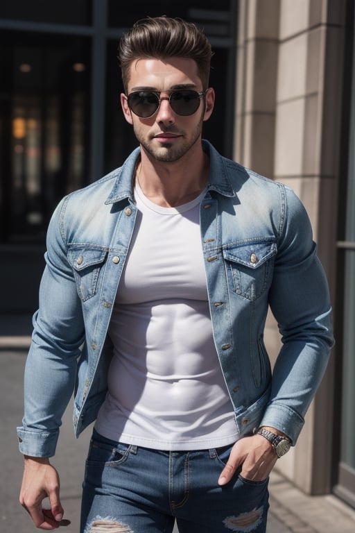 Man , muscular_body ,Handsome, pink lips, white shirt, blue denim jacket, black jeans pant Germany Male