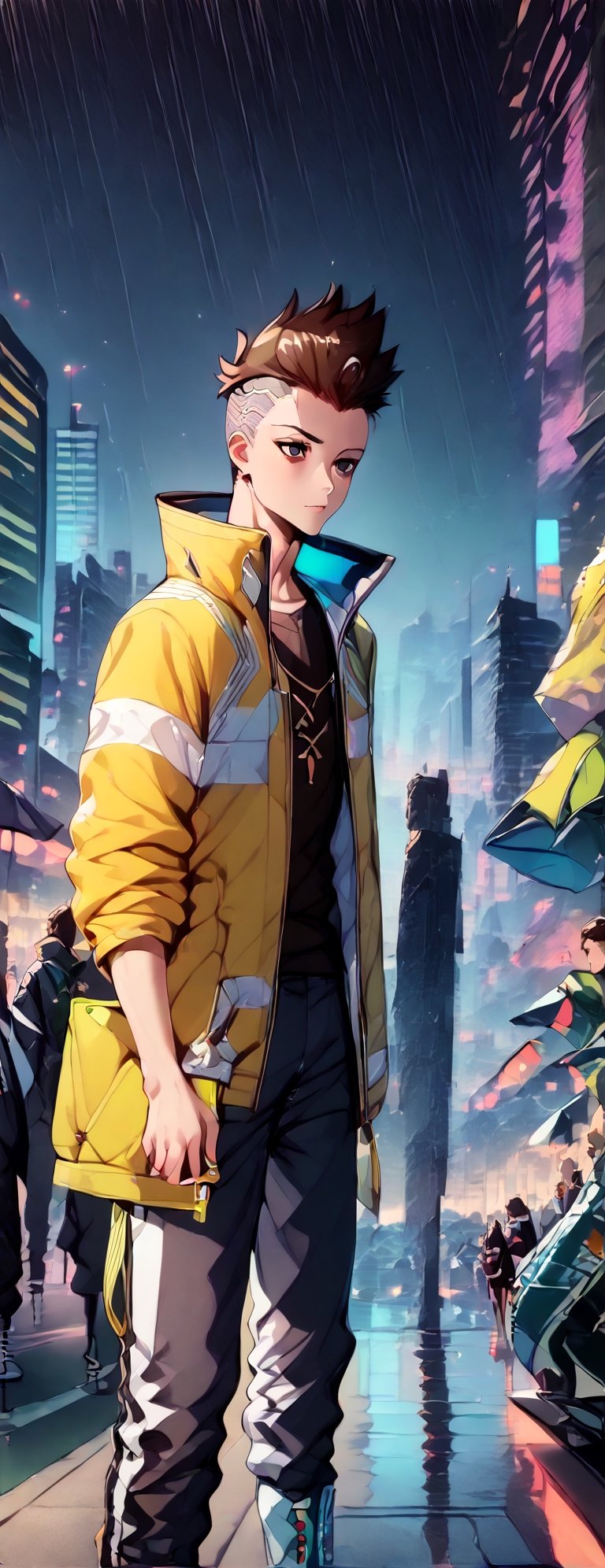 score_9, score_8_up, score_7_up, source_anime, rating_safe, Xmartinezx, x2077x, portrait boy (in fututistic city Cyberpunk :1.4), extreme detailed, neons, big buildings,  dark scene, nigth time,raining, lights city,masterpiece