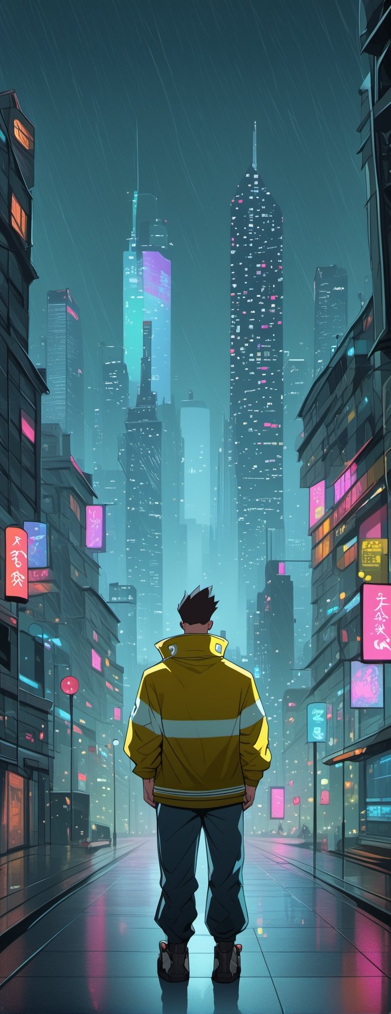 score_9, score_8_up, score_7_up, source_anime, rating_safe, Xmartinezx, x2077x, portrait boy (in fututistic city Cyberpunk :1.4), extreme detailed, neons, big buildings,  dark scene, nigth time,raining, lights city,masterpiece