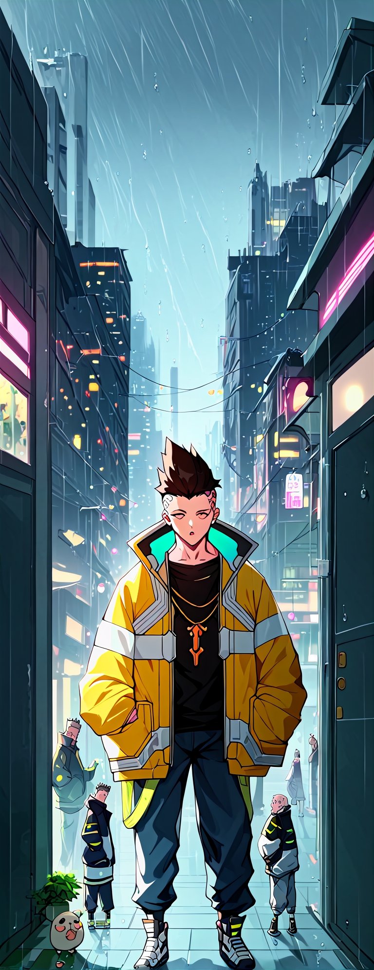 score_9, score_8_up, score_7_up, source_anime, rating_safe, Xmartinezx, x2077x, portrait boy (in fututistic city Cyberpunk :1.4), extreme detailed, neons, big buildings,  dark scene, nigth time,raining, lights city