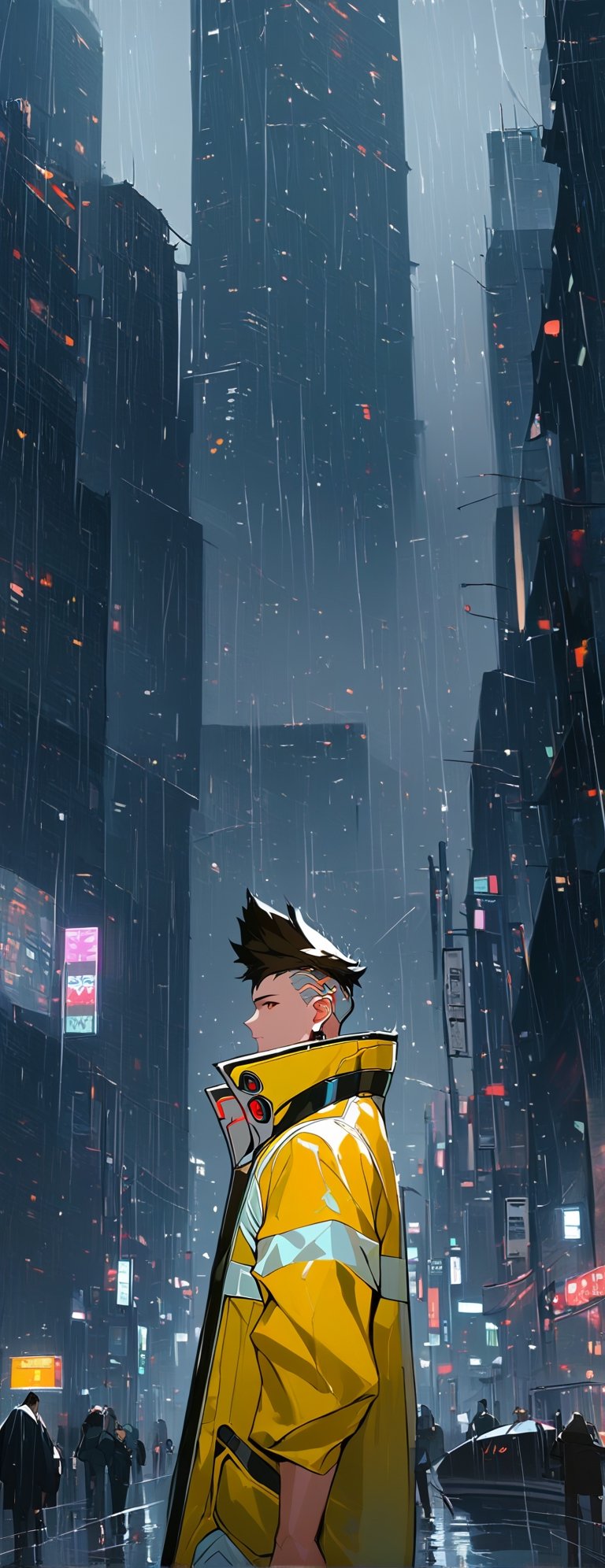 score_9, score_8_up, score_7_up, source_anime, rating_safe, Xmartinezx, x2077x, portrait boy (in fututistic city Cyberpunk :1.4), extreme detailed, neons, big buildings,  dark scene, nigth time,raining, lights city,masterpiece