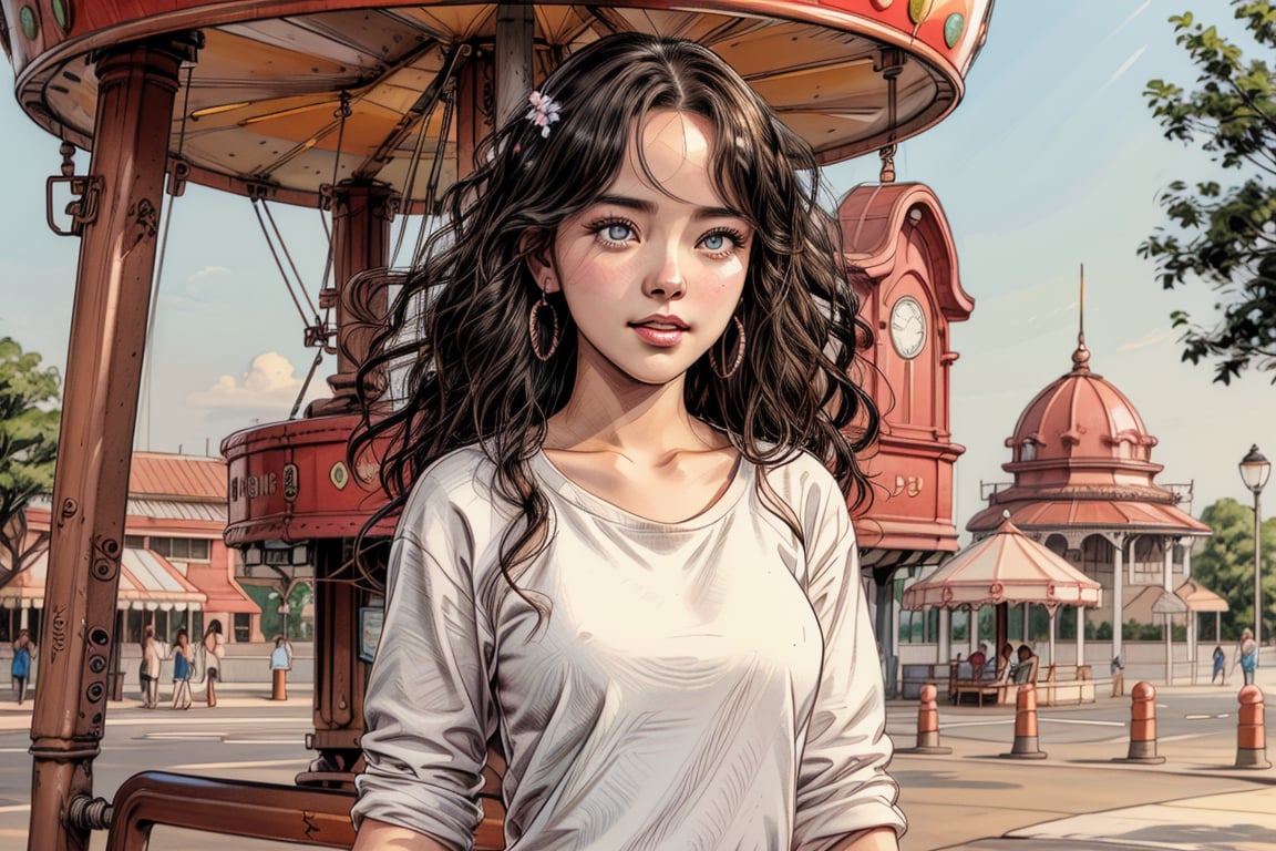 background is amusement park,
18 yo, 1 girl, beautiful korean girl,
wearing white collared long sleeve shirts,short jeans, smile,ride a merry-go-round, solo, {beautiful and detailed eyes}, dark eyes, calm expression, delicate facial features, ((model pose)), Glamor body type, (dark hair:1.2), simple tiny earrings, very_long_hair, hair past hip, bang, straight hair, flim grain, realhands, masterpiece, Best Quality, 16k, photorealistic, ultra-detailed, finely detailed, high resolution, perfect dynamic composition, beautiful detailed eyes, eye smile, ((nervous and embarrassed)), sharp-focus, full_body, cowboy_shot,