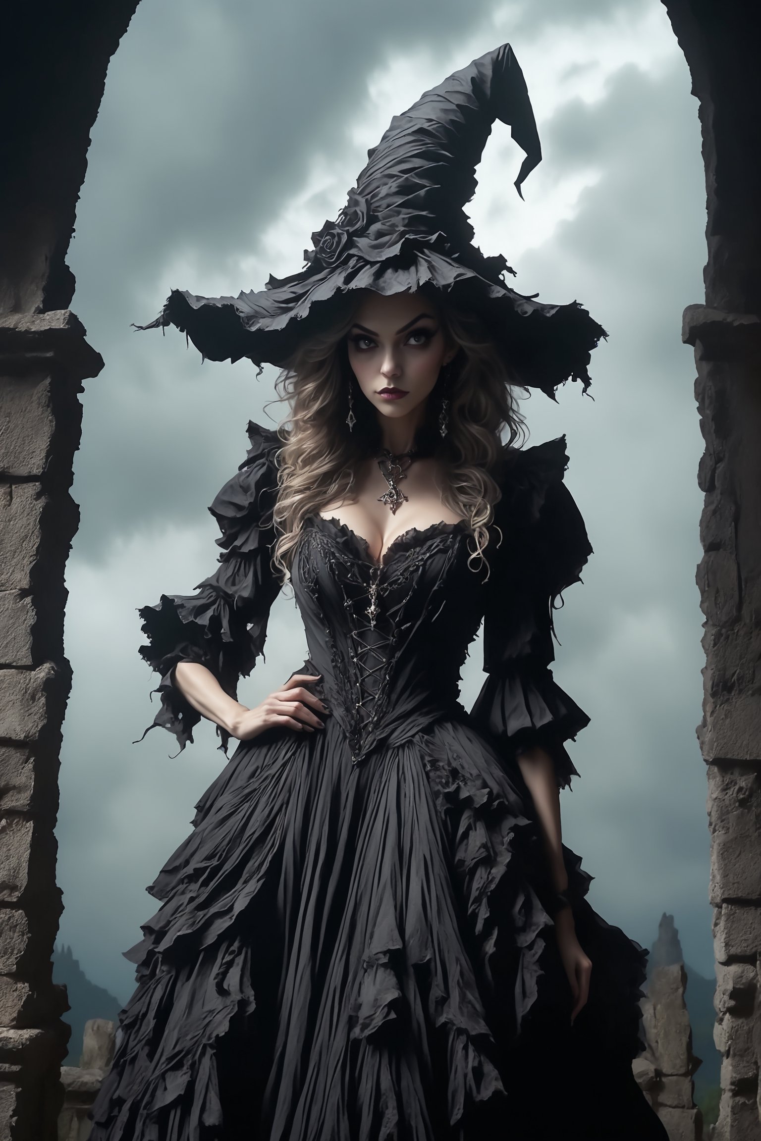An artistic vision of a witch wearing a dark fantasy dress. BREAK She is standing at the entrance of the Dracula Castle , wearing a witch hat. Halfsmile. Natural makeup. Disheveled hair. Thunderstorm.  Close-up shot. Cluttered maximalism. Low-key lighting. High angle. Haunting atmosphere.