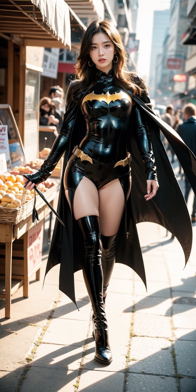 a beautiful and cute Woman wearing a  batman suit and Without mask ,Without a helmet , disfigured forms, holding a Batarang, looking at forward fighting pose.
walking in the market buying food to break the fast masterpiece, with ambience light, photorealistic, best quality, skin details, 8k intri, HDR, half body, cinematic lighting, sharp focus, eyeliner, lips, earrings, hmmikasa,Detailedface,Extremely Realistic
