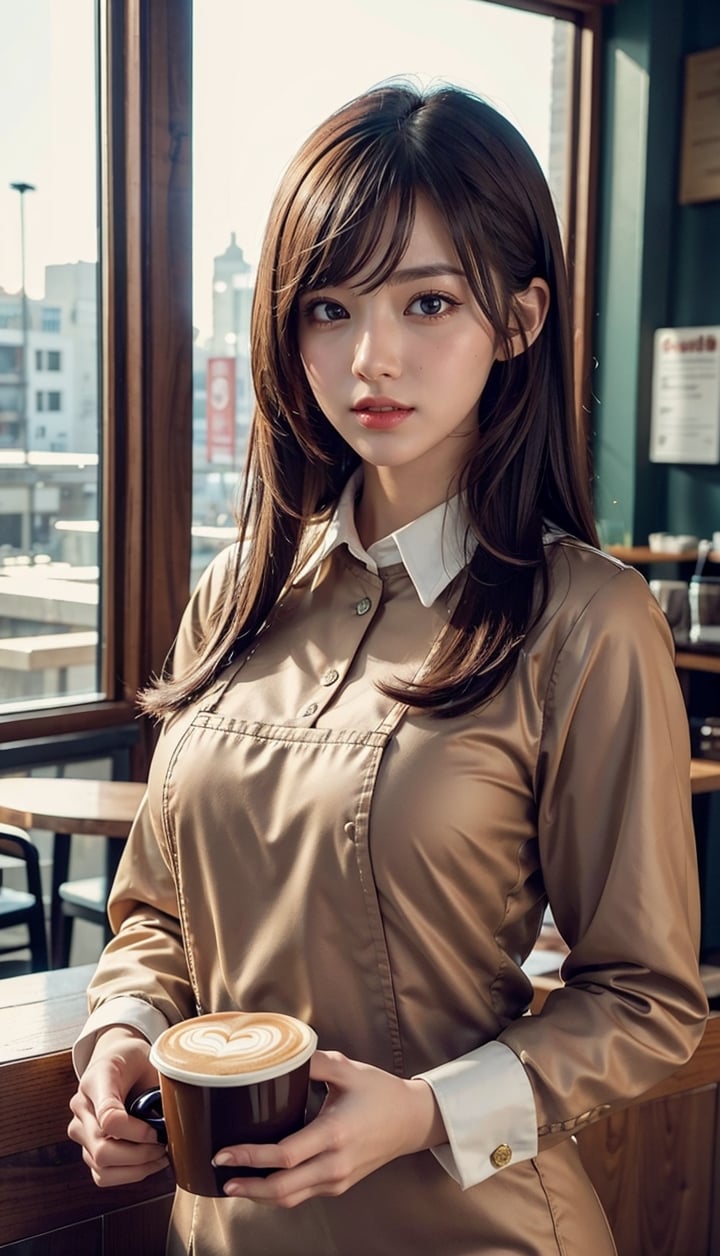 (masterpiece, top quality, best quality, official art, beautiful and aesthetic:1.2), hdr, high contrast, wideshot, 1girl, long black straight hair with bangs, clearly brown eyes, longfade eyebrow, soft make up, ombre lips, large breast, hourglass body, finger detailed, BREAK wearing barista suit, (coffee shop theme:1.5), light smile, coffee shop background detailed, by KZY, BREAK frosty, ambient lighting, extreme detailed, cinematic shot, realistic ilustration, (soothing tones:1.3), (hyperdetailed:1.2),(straight_front_pose:0.8),looking_at_viewer