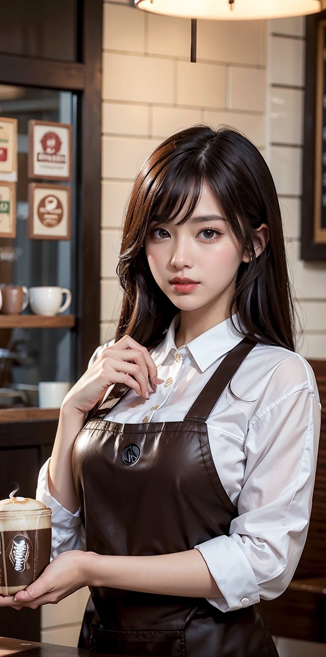 (masterpiece, top quality, best quality, official art, beautiful and aesthetic:1.2), hdr, high contrast, wideshot, 1girl, long black straight hair with bangs, clearly brown eyes, longfade eyebrow, soft make up, ombre lips, large breast, hourglass body, finger detailed, BREAK wearing barista suit, (coffee shop theme:1.5), light smile, coffee shop background detailed, by KZY, BREAK frosty, ambient lighting, extreme detailed, cinematic shot, realistic ilustration, (soothing tones:1.3), (hyperdetailed:1.2),(straight_front_pose:0.8),looking_at_viewer