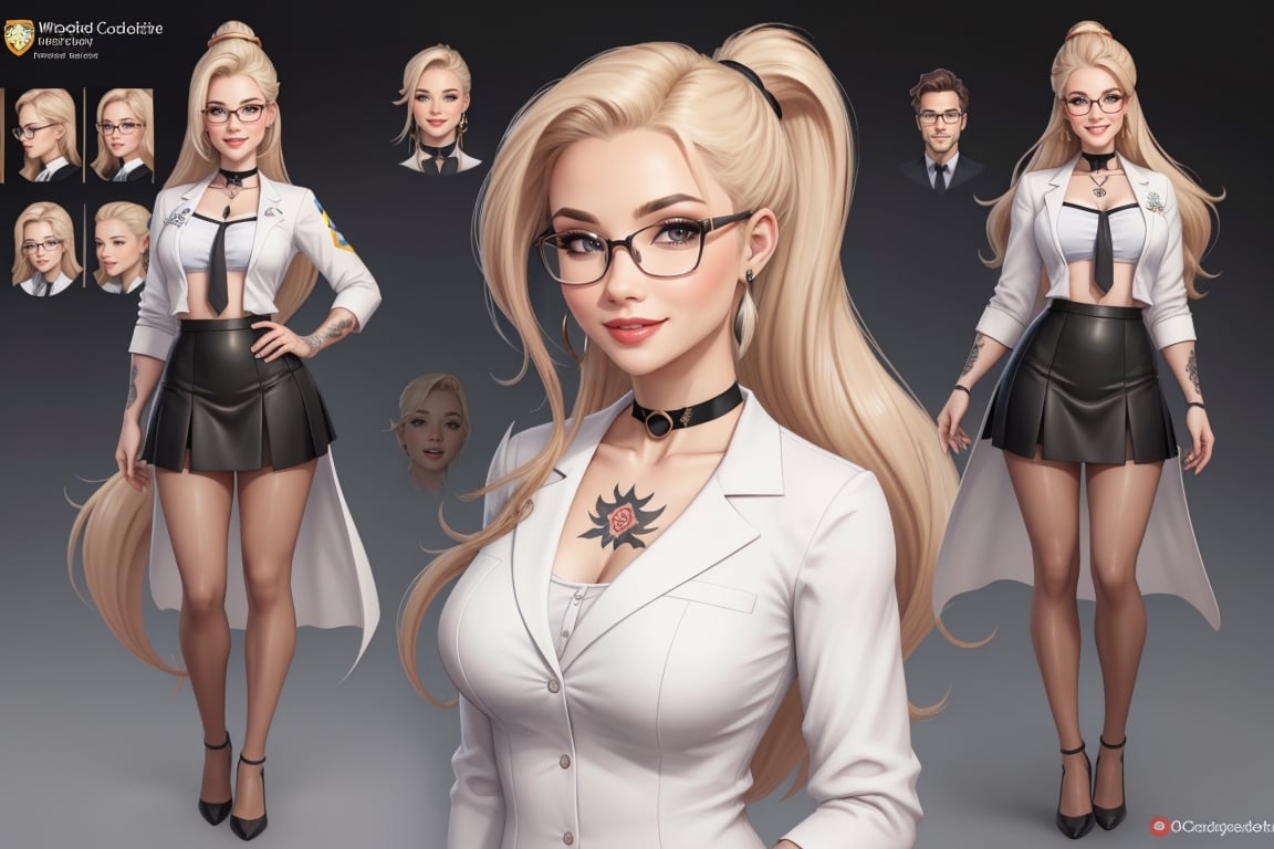 (The concept character sheet of a strong, attractive, and hot scientist, scientist´s gown ,blond_hair, long_ponytail, glasses, (woman pale skin), swedish woman, evil smile, red lips, (scientist suit), girl tall, choker, (Sexy scientist Lady), short black skirt, white shirt, pantyhose, large breast . Her face is oval, forehead is smooth and visibly rounded at the temples. jawline is softly defined, giving her a gentle and feminine appearance, (full body, Full of details, frontal body view, back body view, Highly detailed, Depth, Many parts), ((Masterpiece, Highest quality)), 8k, Detailed face, scars, serious expression. Infographic drawing. Multiple sexy poses. tattoos,3d, choker,
