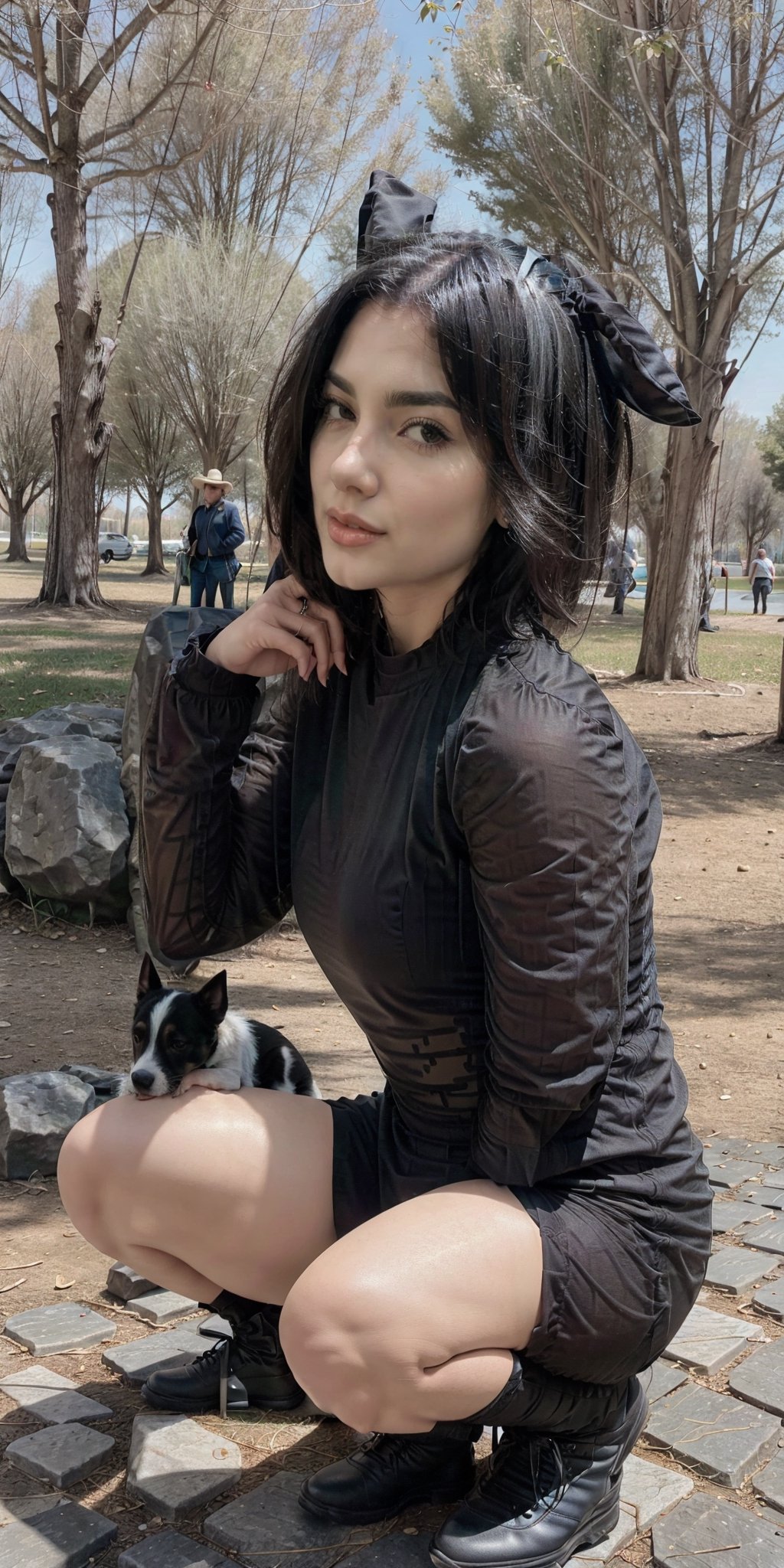 Best quality, uhd, masterpiece, Beautiful lady, straight short hair , rose Lips, wearing a dog costume, cowboy shot, squat pose like a pet dog, photoshoot in a park, background,photorealistic,