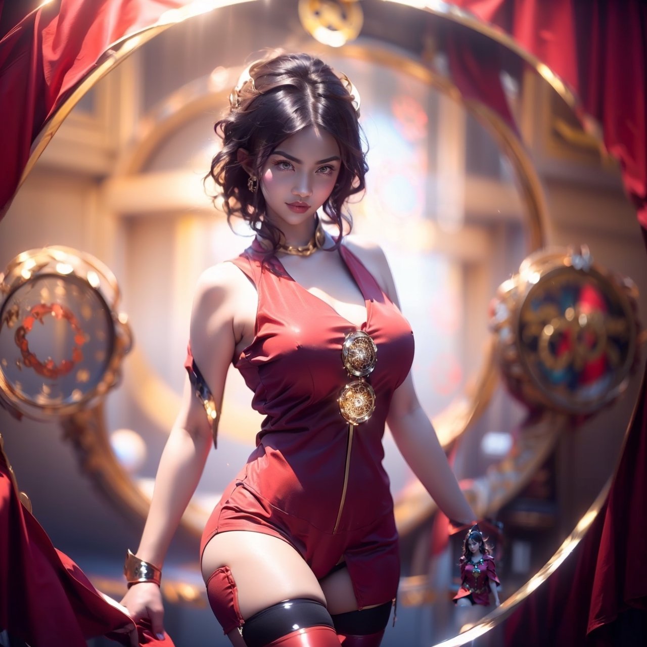 (((naked))), (((busty))), (((short hair))),(((stockings underwear))),(((gifts)),Makeup, More Detail, GdClth, (((goddess)), (((magic circle))),(((red clothes)),