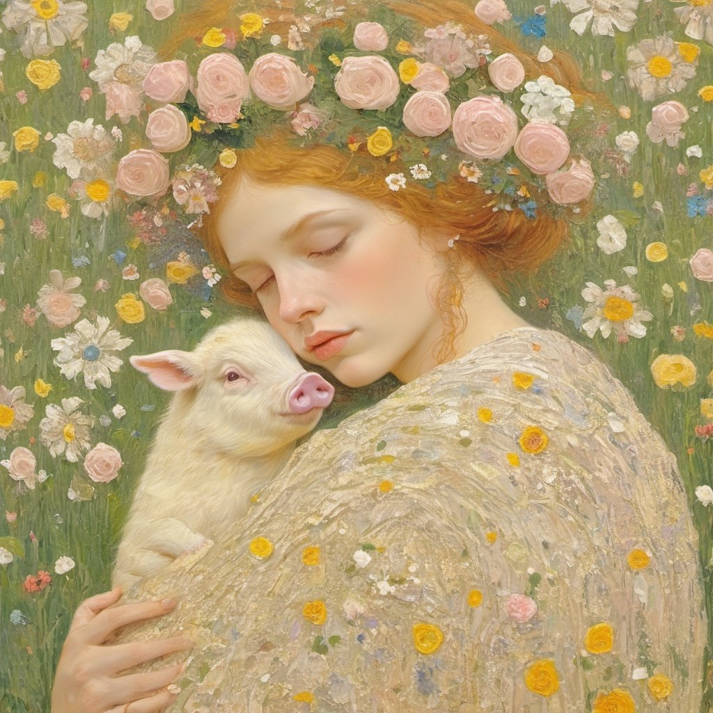 Composition of Gustav Klimt's "The Virgin", 1girl, Wearing a small wreath, face to one side, flowers, pigs, grassland, freedom, soul, digital illustration, perfect hands, approaching perfection, dynamic, highly detailed,  artstation, concept art, sharp focus, in the style of artist like Gustav Klimt, Pierre-Auguste Renoir, artistic oil painting stick