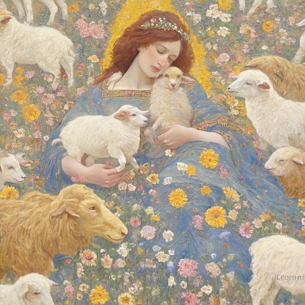 Composition of Gustav Klimt's "The Virgin", flowers, sheep, sheepdog, grassland, freedom, soul, digital illustration, approaching perfection, dynamic, highly detailed,  artstation, concept art, sharp focus, in the style of artist like Gustav Klimt, artistic oil painting stick