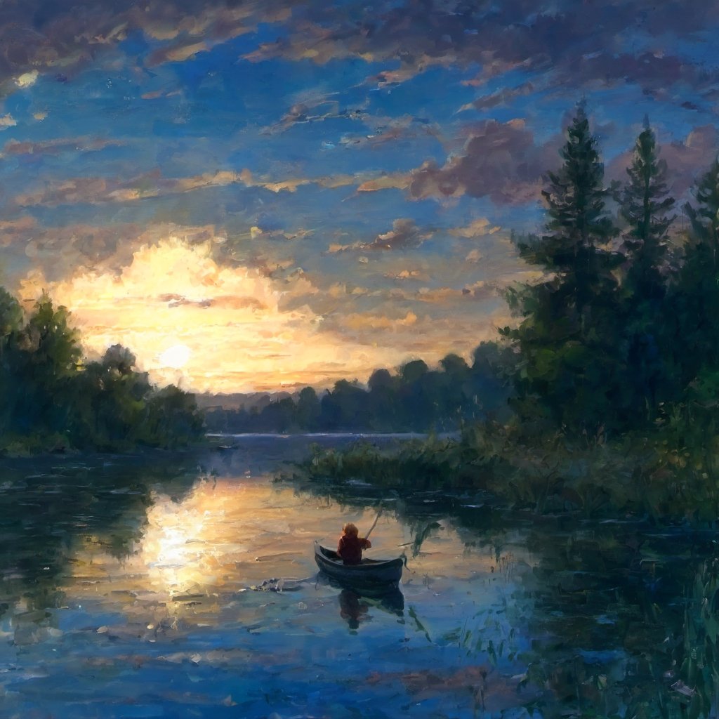 sunrise, lake, Angler, freedom, soul, digital illustration, approaching perfection, Pooh takes up a small part of the picture,dynamic, highly detailed,  artstation, concept art, sharp focus, in the style of artist like Oscar-Claude Monet, artistic oil painting stick