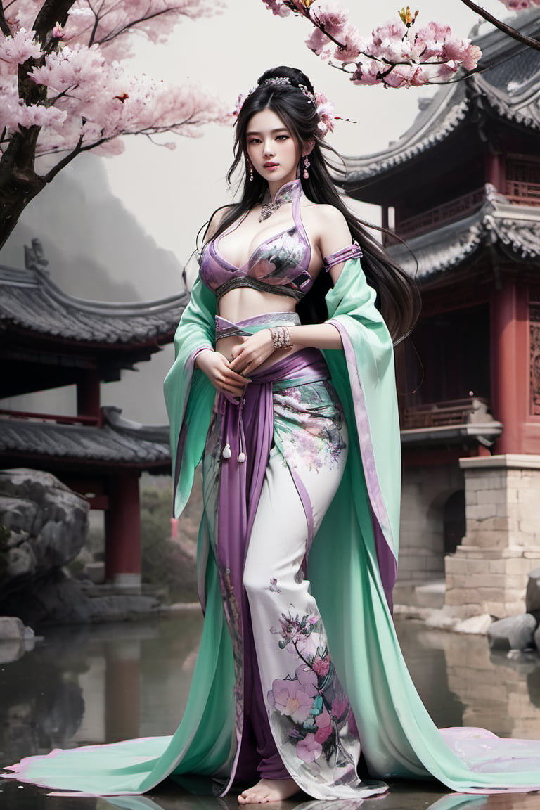 Line art, full body, character line effect, black and mauve ink, thick ink splash lines, ink painting, pen tip splash effect, ink smudge effect, casual wild style, a young Chinese princess wearing green bellyband and mauve loincloth, with long ponytail adorned with jewellery, holding a bunch of lotus flower, one hand  under the chin,  standing on old stone bridge, old stone houses, cherry blossom. art by Wu Quan Zhong.
