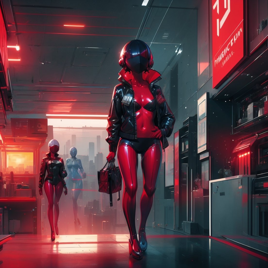 1woman, ((mannequin)) with futuristic cyber clothes, dark red top and black leather jacket, in futuristic city, no hair, no mouth, no ears, no nose, no face, female_solo:1.3, ,SD 1.5,Science fiction 