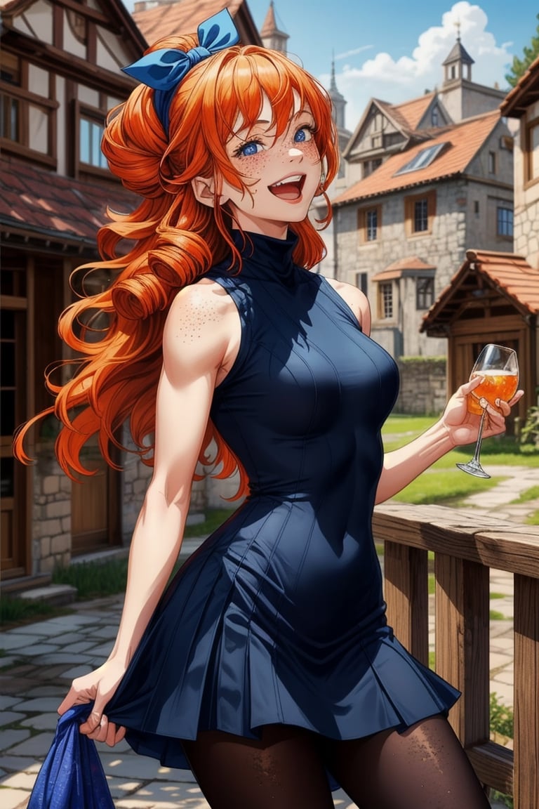 adult female, closeup, long hair, blue eyes, blue headband, orange hair, drill curls, Sleeveless black shirt, blue skirt, pantyhose, shoulder muscles, turtleneck, medieval village background, Detail, whiskey, happy, laughing, freckles, athlete, medium breasts