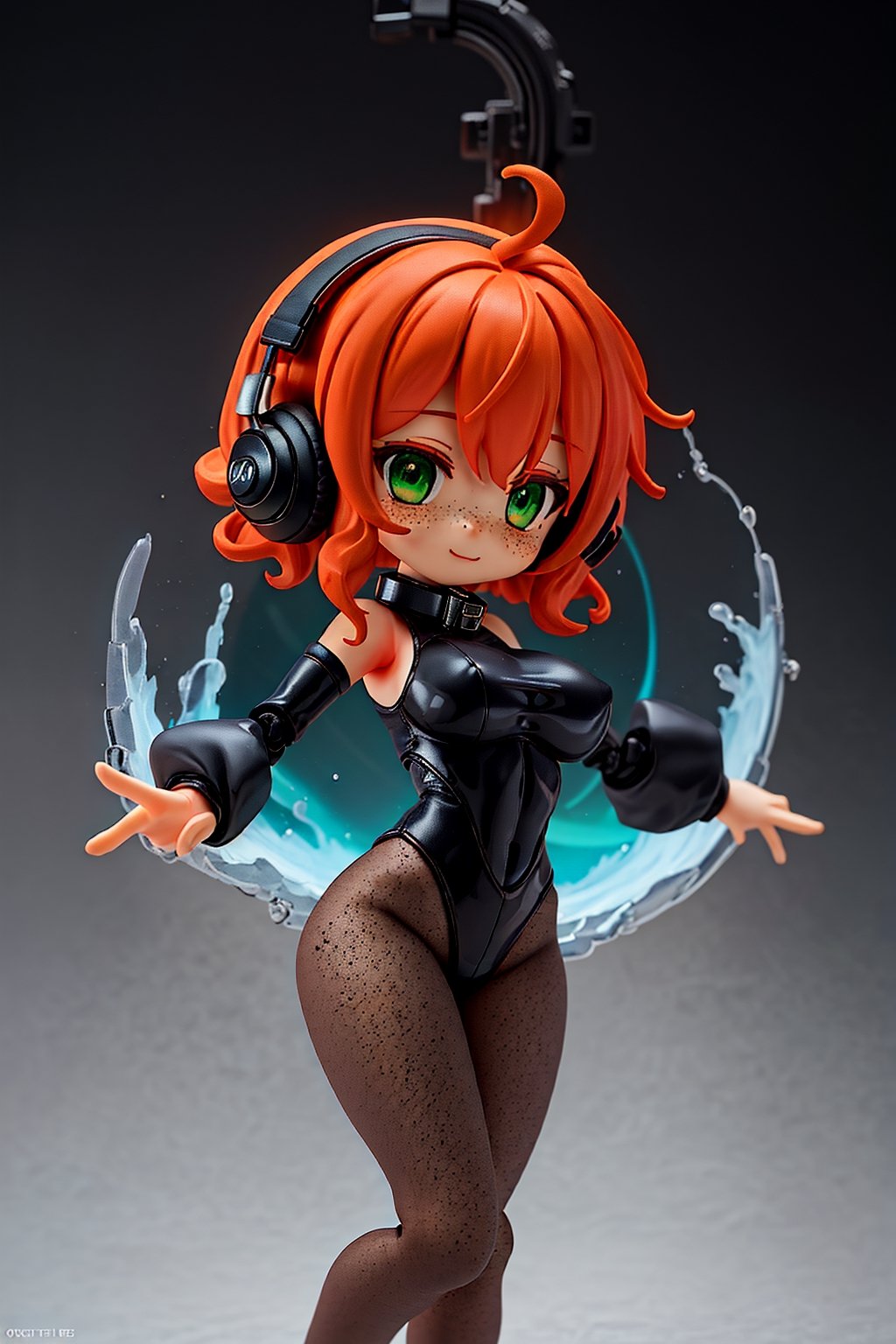 chibi, toy, ulblackholetech, black leotard, stretched fabric across the breasts, black collar, black headphones, black pantyhose, cute, Short hair, orange hair, freckles curly hair, green eyes, large breasts, skindentation, worldoffire