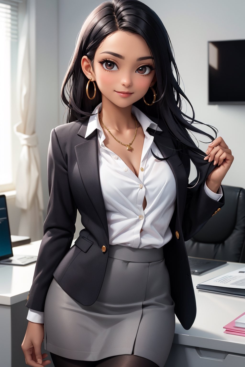 cowboy shot of 1girl, adult female, dark black hair (straight hair, long hair, hair divided in half), dark skin (dark indian skin, dark brown skin), (best quality), brown eyes,
Wearing a office suit, (grey business jacket, white button-up shirt (cleavage, closed shirt, black bra under the shirt), grey office skirt, sexy black high tights), big golden earrings, gold necklace

at office, confident businesswoman, office setting, at office, working, office setting, slight smile, confident expression, girl by herself, girl alone at work, 