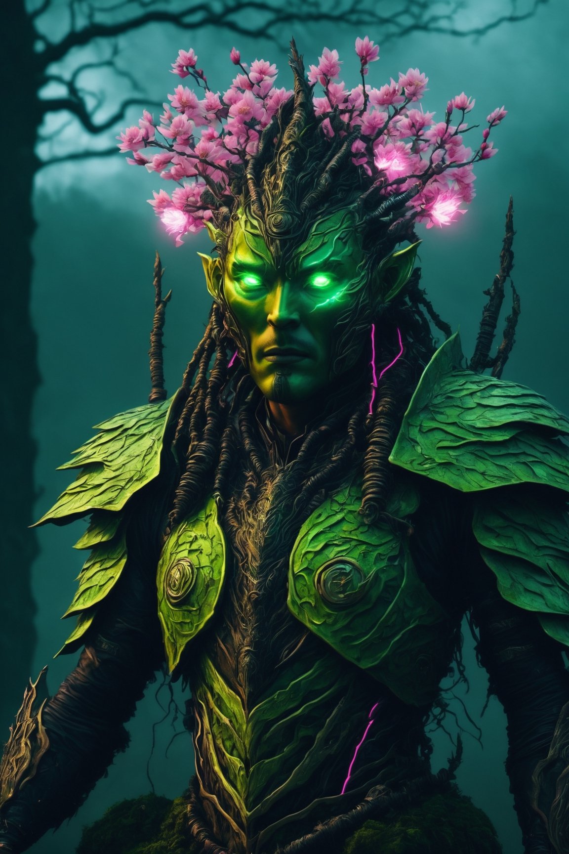 (The king),(Cyberpunk Treeman),metal leaves,wired branches,glowing light eyes,mechanical bark,with moss-covered bark,tribe outfit,(ancient tribal markings),control tendrils extending from the arms,Neon lights dancing on the body,(Lightning around branches and leaves),(peach blossom),Soft and delicate petals,vivd colour,(A harmonious blend of green and pink),(Ominous dark clouds in the sky),Night atmosphere,A futuristic,Vivid colors and high-contrast lighting,Dramatic shadows and highlights.(best quality, 4k, 8k, masterpiece: 1.2), ultra fine, (realistic, photo realistic, photo realistic: 1.37)