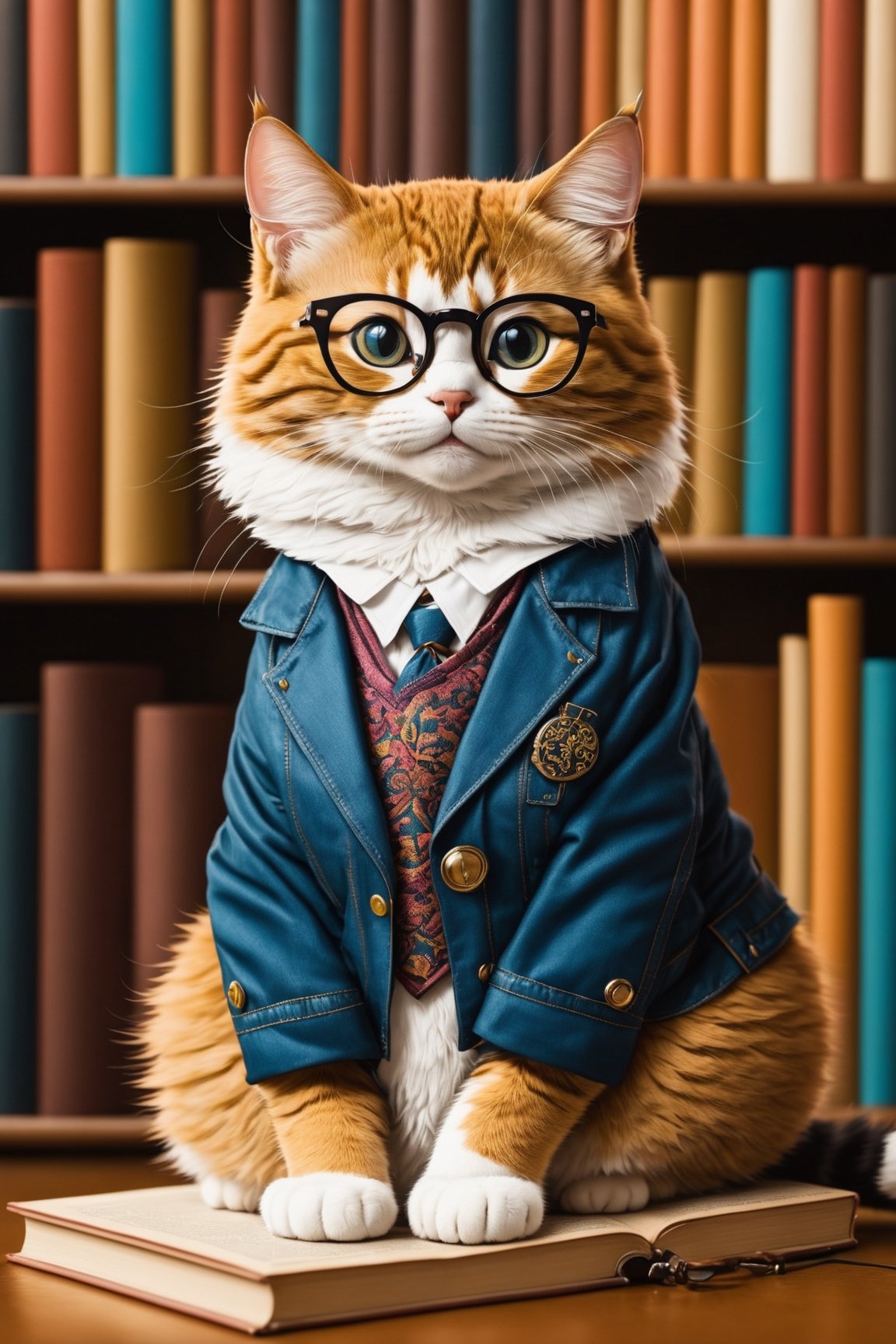 Envision an adorable and playful scene: A cat sits in front of a bookshelf, adorned with glasses and a vintage jacket, resembling an intellectual little princess