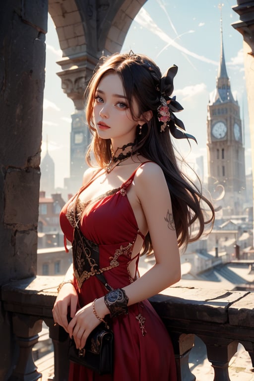 Close-up of a beautiful girl in red gothic dress looking at the camera standing in a bell tower overlooking a big city. Detailed background, masterpiece, realistic.1 girl