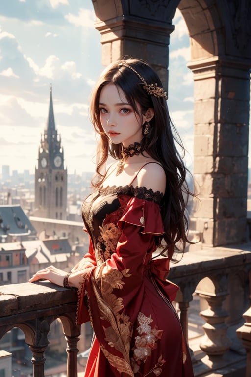 Close-up of a beautiful girl in red gothic dress looking at the camera standing in a bell tower overlooking a big city. Detailed background, masterpiece, realistic.1 girl