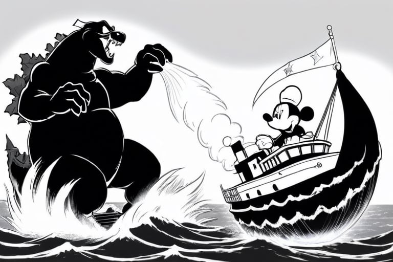 godzilla, head just rising from the water, as he rears up behind a black and white version of Mickey Mouse in a small Steamboat in a classic cartoon of the 1920s