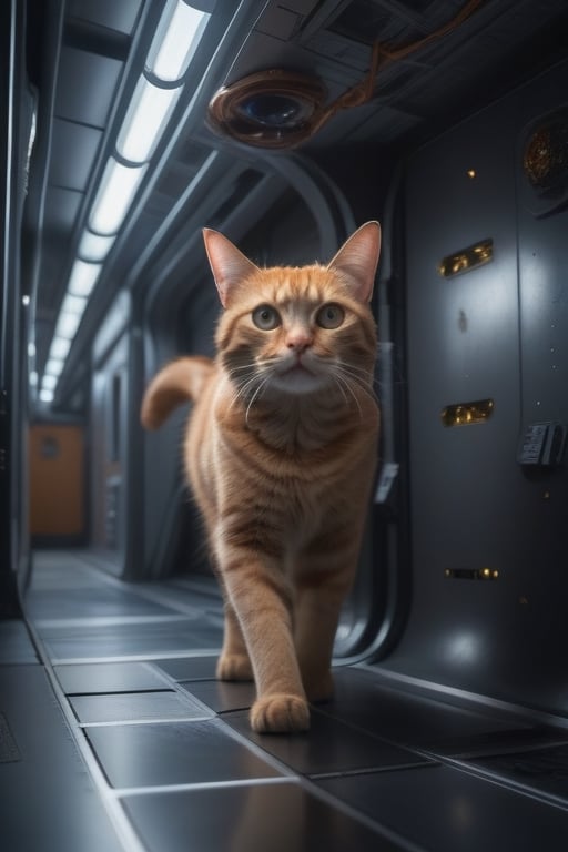 a ginger house cat in a spaceships corridor as a xenomorph lowers from the ceiling .Intricate details, HDR, beautifully shot, hyperrealistic, sharp focus, 64 megapixels, perfect composition, high contrast, cinematic, atmospheric, moody Epic cinematic brilliant stunning intricate meticulously detailed dramatic atmospheric 