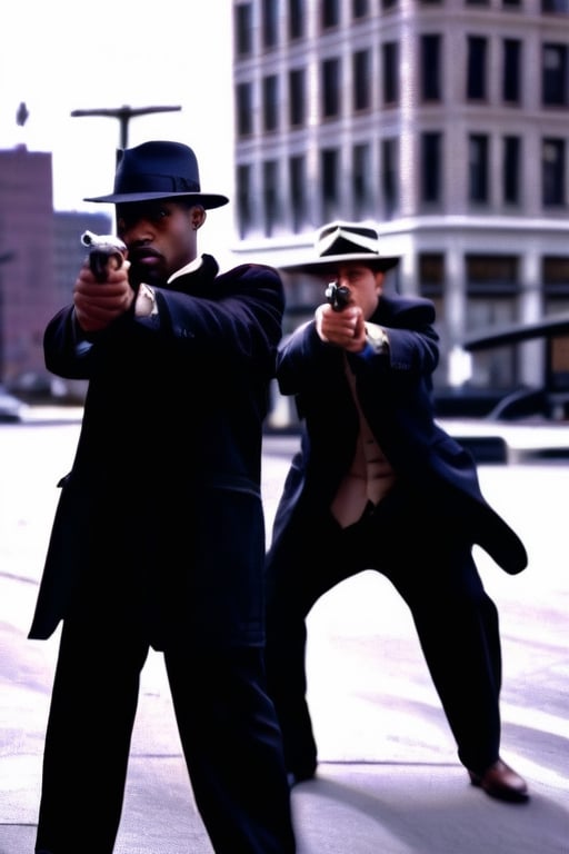 Gangsters have a gun fight in Chicago city streets  1920s clothing shot on Kodak Gold 400 photo realistic 