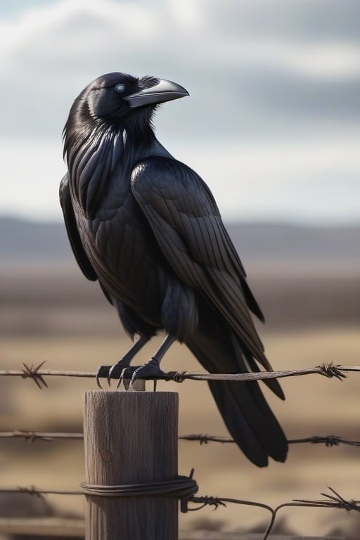 A sinister raven sitting on a fence post in a post-apocalyptic wasteland ,photorealistic,Nature