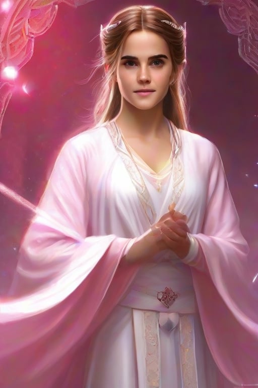  Emma Watson as magic healer goddess, long hair, white and pink cloth, D&D, shiny background, intricate, elegant, highly detailed, digital painting, artstation, concept art, smooth, sharp focus, illustration, .shot on Kodak Gold 400, photo realistic  