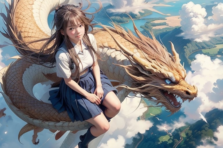 1 French-Japanese  girl, full body, from above, small breasts, blue eyes, brown hair, Japanese serafuku uniform, 
(sitting on a dragon), (flying in the sky), cloud,
, AgoonGirl,long