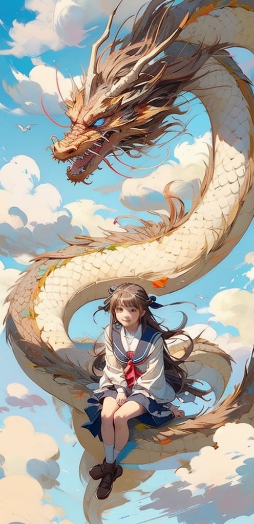 1 French-Japanese  girl, full body, from above, small breasts, blue eyes, brown hair, Japanese serafuku uniform, 
(sitting on a dragon), (flying in the sky), cloud,
, AgoonGirl,long