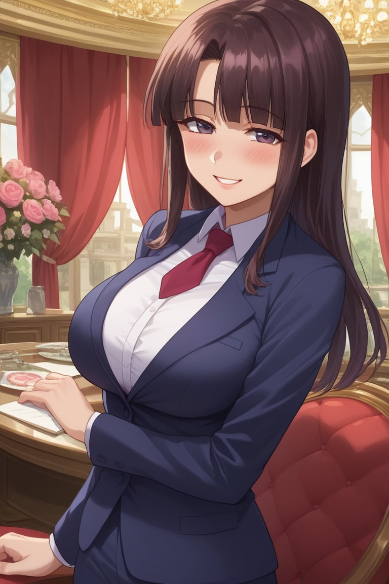 score 9, score 8 up, score 7 up, rating questionable,
detailed background, youko, large breasts,
looking at viewer, happy, blush, half-closed eyes,
suit, sleeveless,