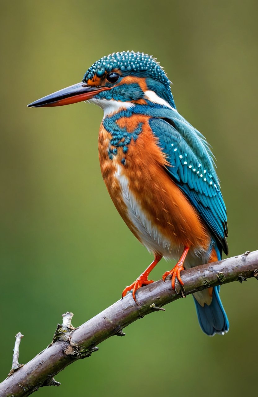 beautiful kingfisher, amazingly detailed realistic photo, kingfisher sitting on a twig, bright colours, the photo gives a touch of spring nature