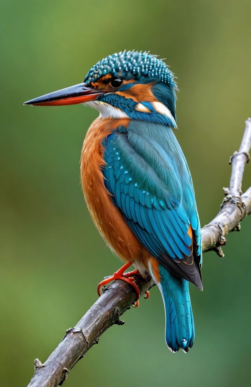 beautiful kingfisher, amazingly detailed realistic photo, kingfisher sitting on a twig, bright colours, the photo gives a touch of spring nature