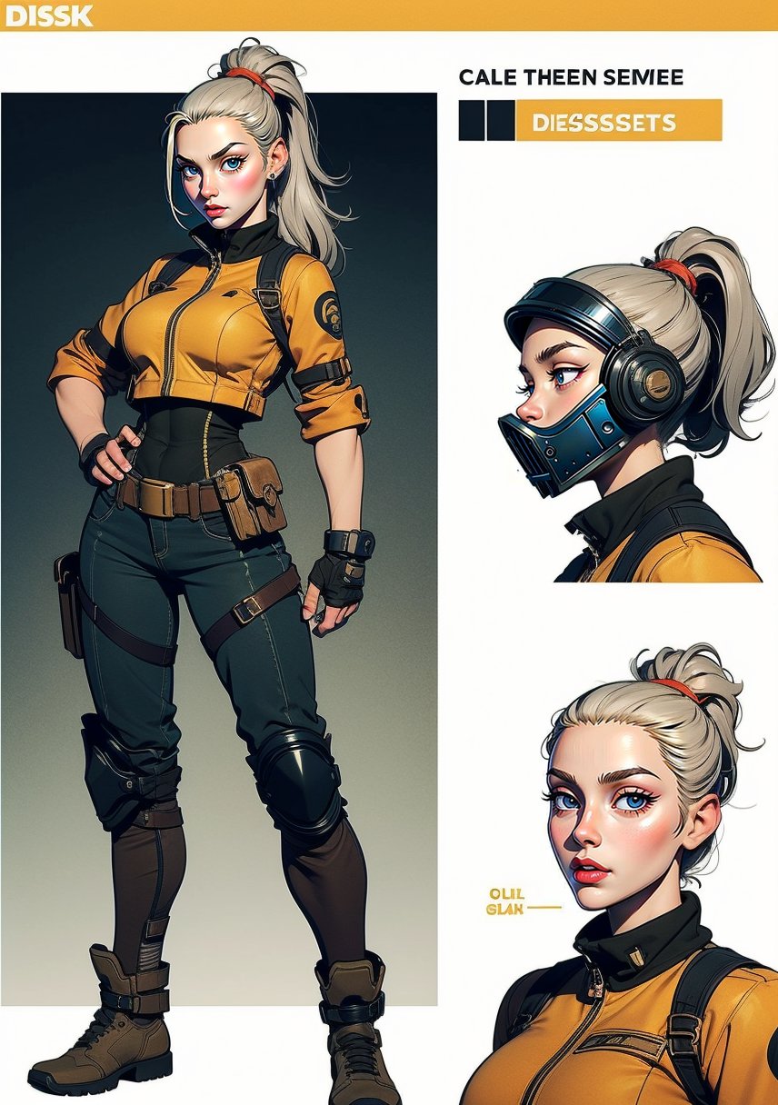 The concept character sheet of a strong, attractive, and hot warrior lady, mad max style, post apocalyptic style, dieselpunk look, dieselpunk setting, dieselpunk soldier girl, wearing techwear and armor, Cyberpunk costumes, In steampunk style, Her face is oval,  forehead is smooth and visibly rounded at the temples. jawline is softly defined,  giving her a gentle and feminine appearance, full body,  Full of details, frontal body view, back body view, Highly detailed, Depth, Many parts,((Masterpiece, Highest quality)), 8k, Detailed face (ponytail hair) (grey hair) (golden eyes), angry expression, Infographic drawing. Multiple sexy poses. tattoos,3d,SAM YANG,incase