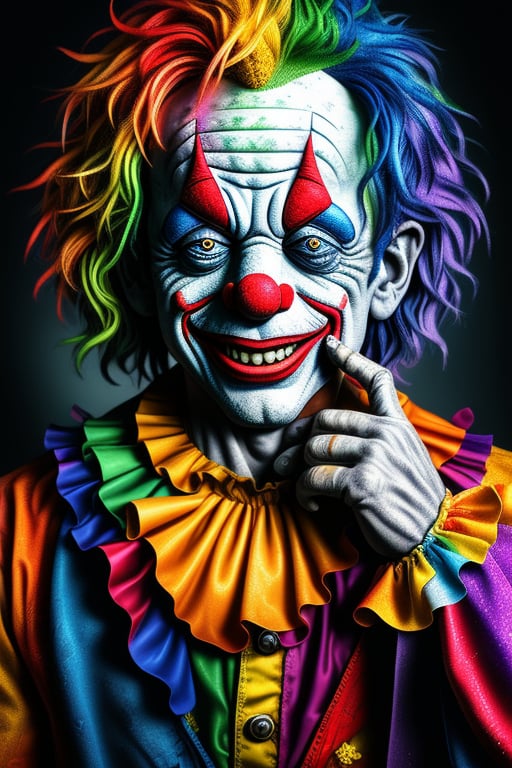 A detailed portrait of a clown, showcasing its vibrant makeup, exaggerated smile, and colorful costume. The composition captures the performer's expressive eyes and theatrical pose, with dramatic lighting enhancing the mysterious and captivating atmosphere.
