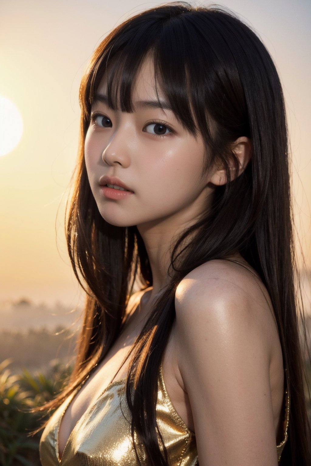 主：(((Fog forest with golden sunset))),
人：masterpiece, 8k, ((from front)), portrait, upper body, cute, detailed face, beautiful detailed eyes, girl, loli, happy, mad, red lips, bangs, very long hair, strong eyebrows, bare shoulders, (blush), (embarrassed),
髮：((bangs)),
Deep V neckline,