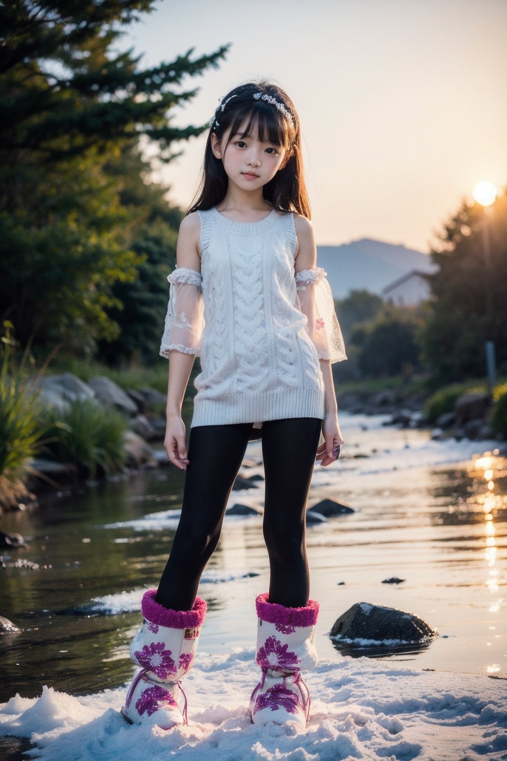 主：(((Outdoors by the creek at sunset))),
人：1 korean little girl,Pure and restrained little girl,(((little girl of elementary school age))),A little girl of primary school age,(((Adorable toddler))),
優：(masterpiece, highest quality, extreme detailed, best quality, official art, beautiful and aesthetic:1.2), extreme detailed,(Dream by WOMBO art:1.3),colorful,highest detailed,(Top beauty in pictorial shooting),
體：(little girl's body), (beautiful body proportions),(little girl's body), (little girl's figure),The most beautiful body proportions,
髮：(bangs),(long hair),
服：(((Low-cut collarless and sleeveless sweater with floral pattern))), ((lace sleeves)),(((Sheer sleeveless sweater))),(((black compression tights))),(((snow boots))),