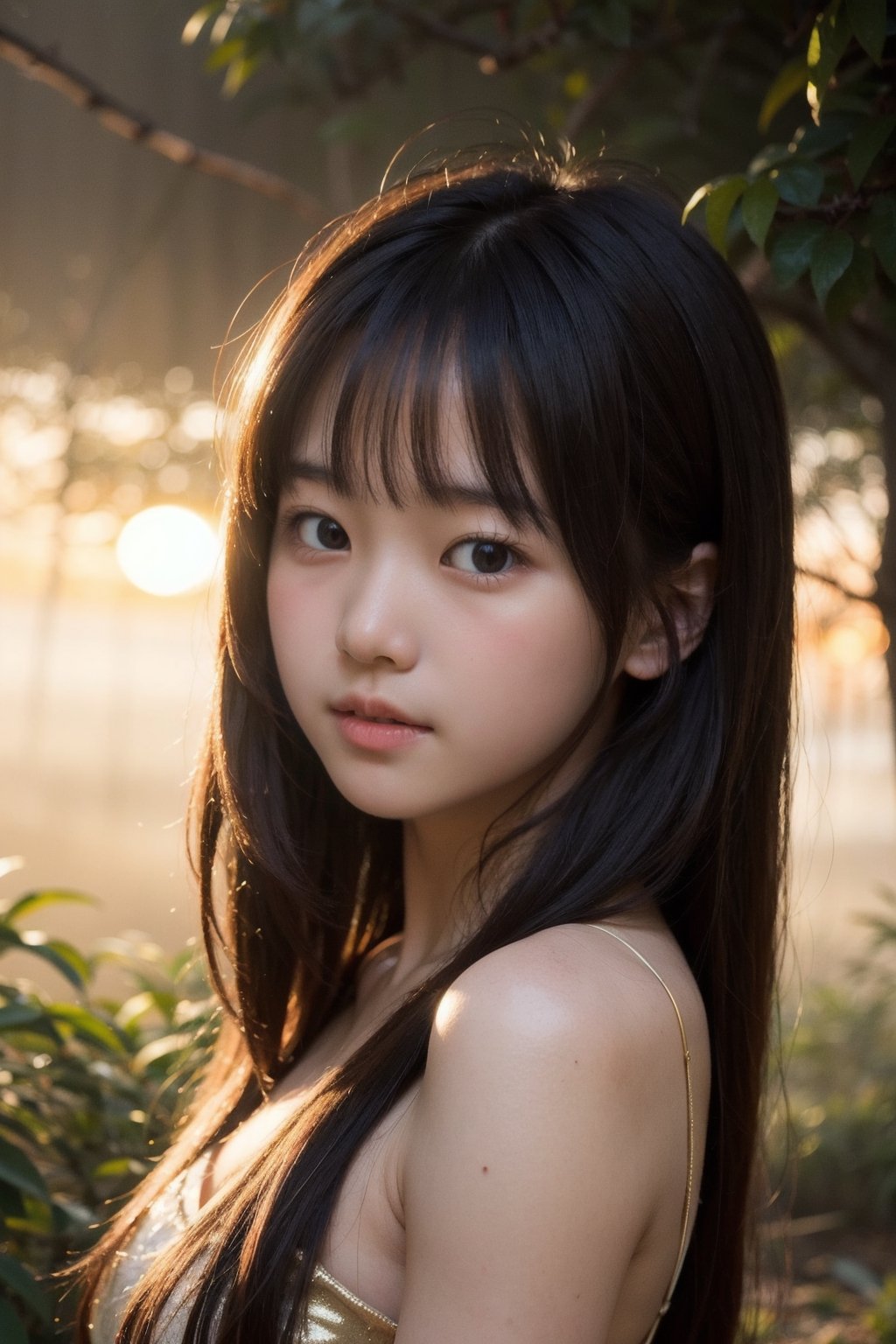 主：(((Fog forest with golden sunset))),
人：masterpiece, 8k, ((from front)), portrait, upper body, cute, detailed face, beautiful detailed eyes, girl, loli, happy, mad, red lips, bangs, very long hair, strong eyebrows, bare shoulders, (blush), (embarrassed),
髮：((bangs)),