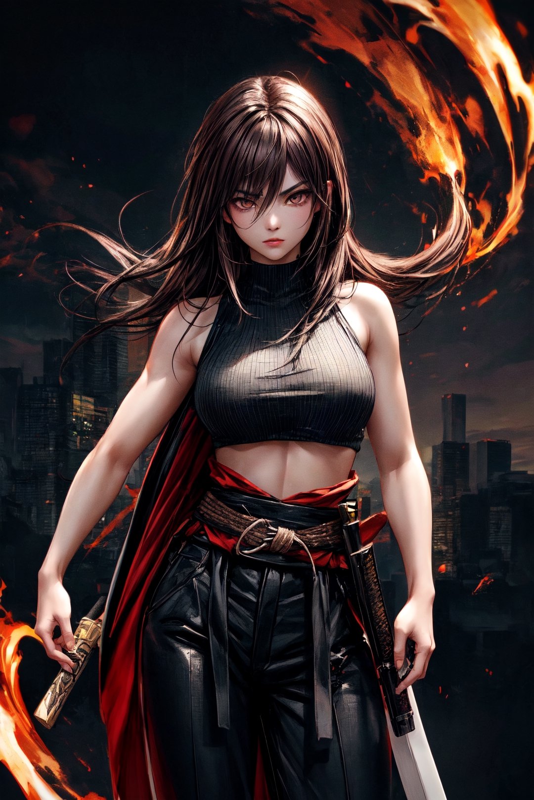 {[(8K quality image), (full body), (ultra quality image), (ultra detailed image), (perfect body), (super detailed)]}, 
Woman samurai, long black hair, reddish brown eyes, defined body, combat stance, serious face, psychedelic setting, sexy woman, xogun age