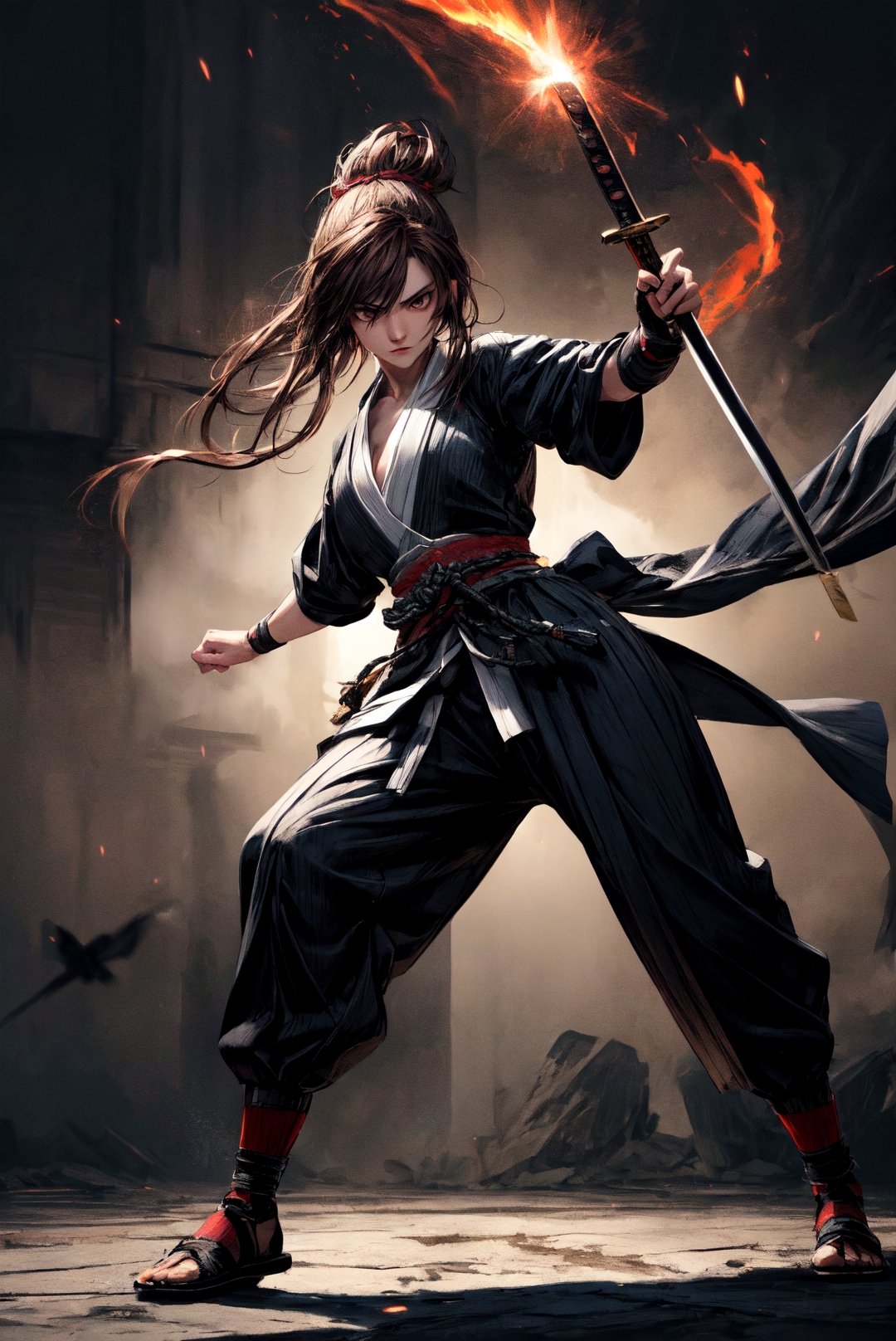 {[(8K quality image), (full body), (ultra quality image), (ultra detailed image), (perfect body), (super detailed)]}, 
Woman samurai, long black hair, reddish brown eyes, defined body, combat stance, serious face, psychedelic setting,